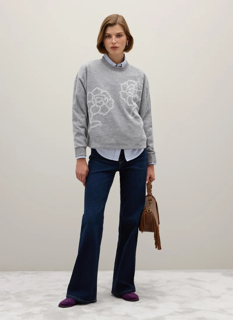 او في اس OVS Grey Regular Fit Jumper With Floral Details